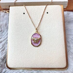 Gold Pink Enamel Rhinestone Butterfly Moth Charm Necklace